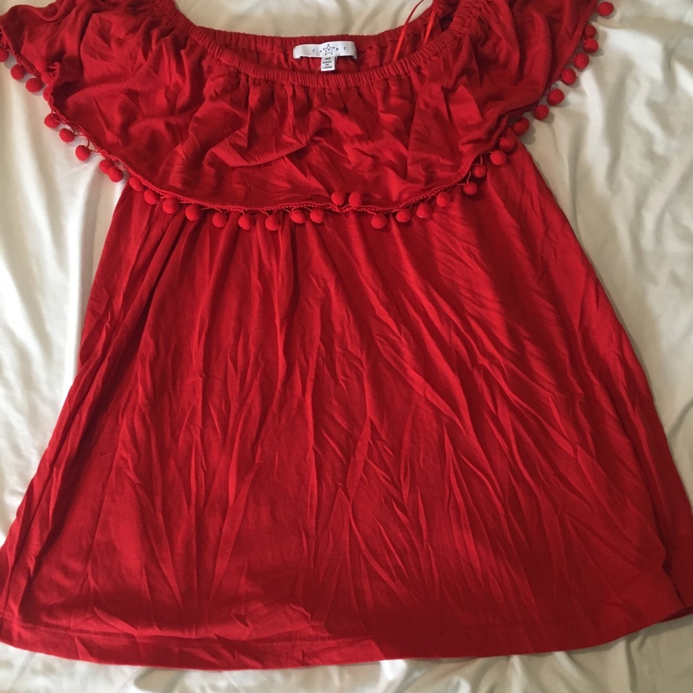 Red Pom-Pom Off-Shoulder Women’s Top